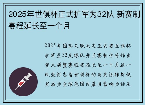2025年世俱杯正式扩军为32队 新赛制赛程延长至一个月 2025年世俱杯正式扩军为32队 新赛制赛程延长至一个月