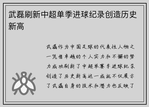 武磊刷新中超单季进球纪录创造历史新高