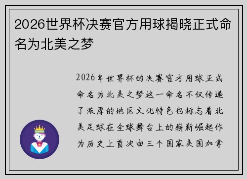 2026世界杯决赛官方用球揭晓正式命名为北美之梦 2026世界杯决赛官方用球揭晓正式命名为北美之梦